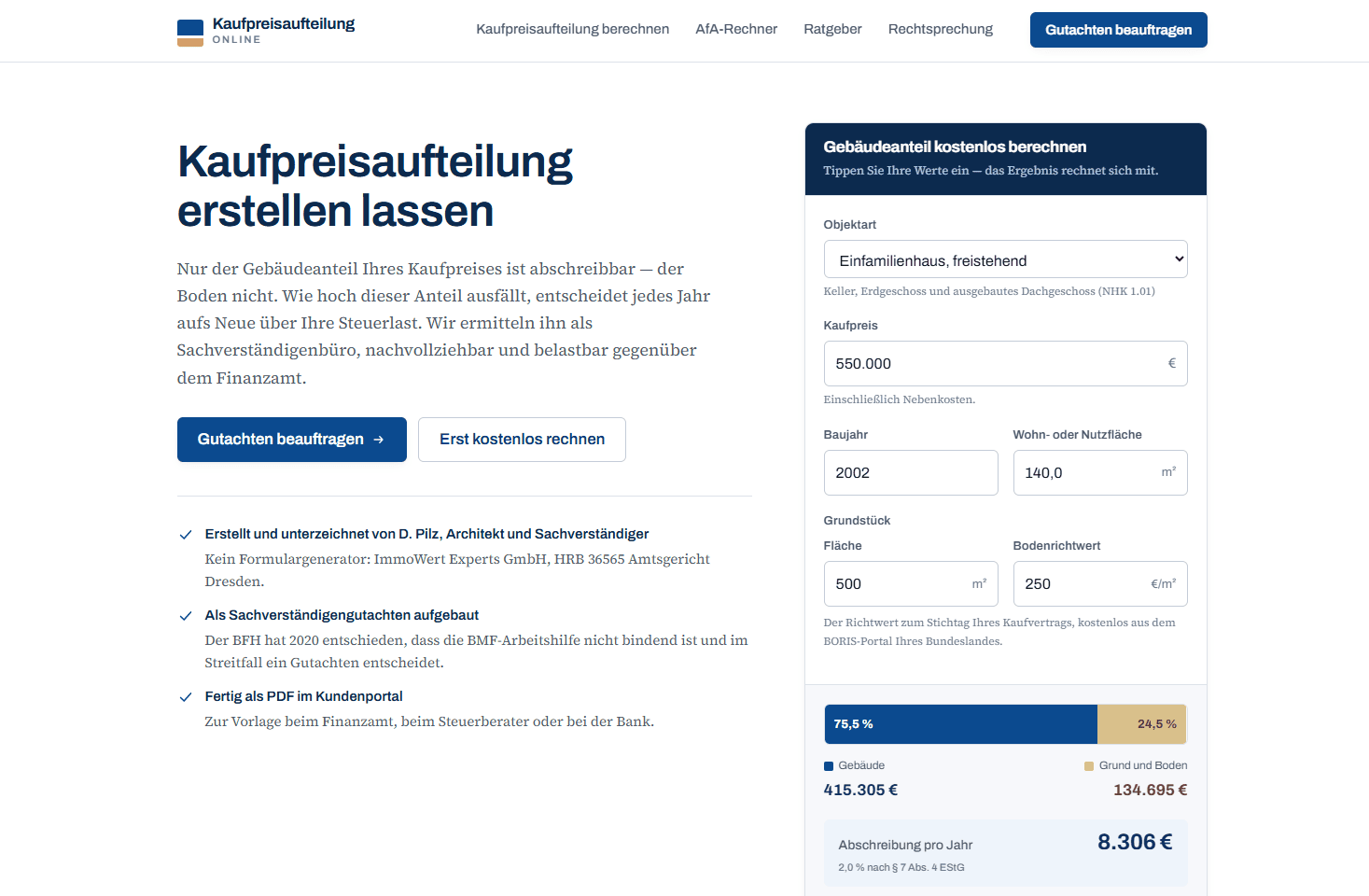 Screenshot der Website von Kaufpreisaufteilung Online